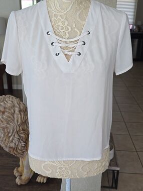 Express Sheer White Lace-Up Short Sleeve Top